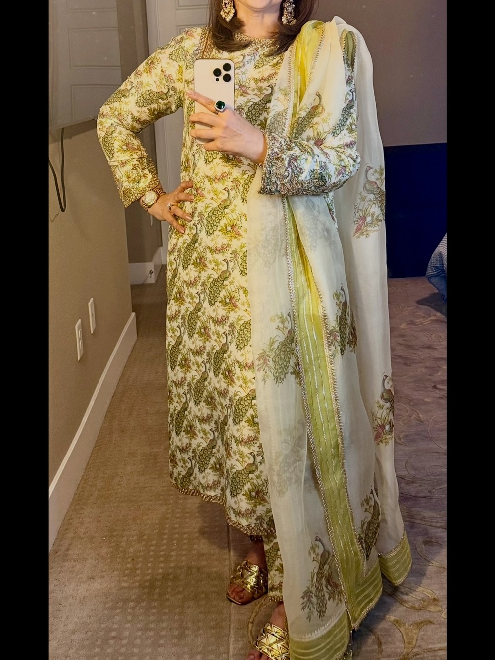 Green and Cream Floral Long-Sleeve Dress with Coordinating Dupatta